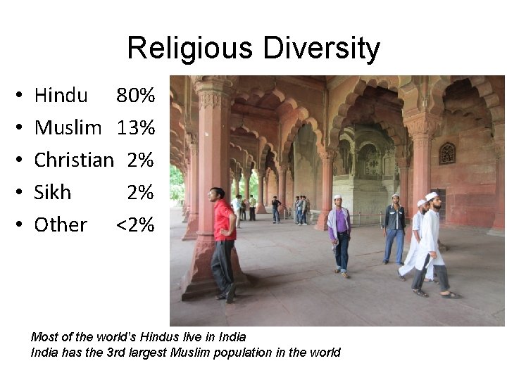 Religious Diversity • • • Hindu 80% Muslim 13% Christian 2% Sikh 2% Other