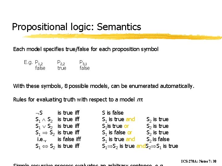 Propositional logic: Semantics Each model specifies true/false for each proposition symbol E. g. P