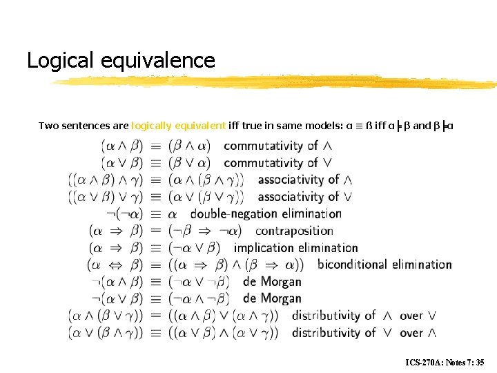 Logical equivalence Two sentences are logically equivalent iff true in same models: α ≡