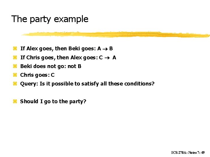 The party example z If Alex goes, then Beki goes: A B z If