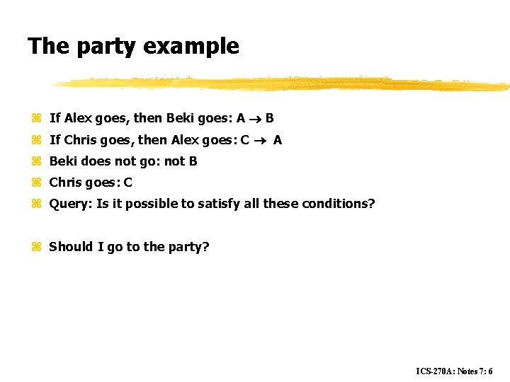 The party example z If Alex goes, then Beki goes: A B z If
