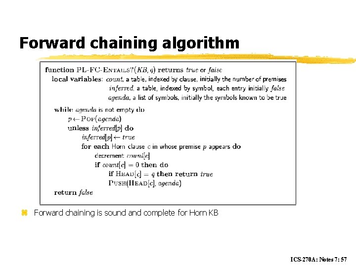 Forward chaining algorithm z Forward chaining is sound and complete for Horn KB ICS-270