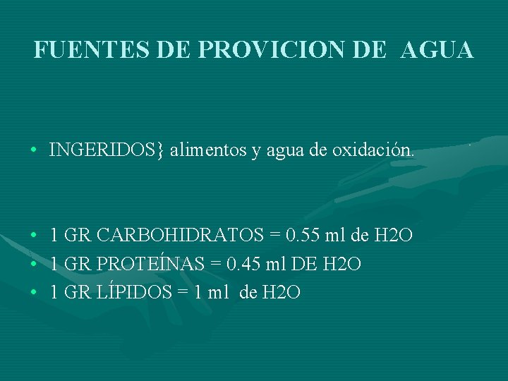 FUENTES DE PROVICION DE AGUA • INGERIDOS} alimentos y agua de oxidación. • •