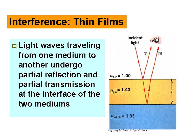 Interference: Thin Films p Light waves traveling from one medium to another undergo partial