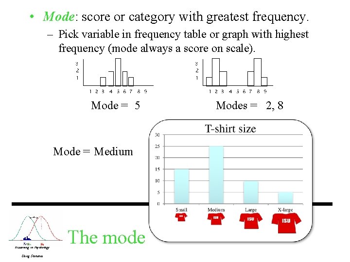  • Mode: score or category with greatest frequency. – Pick variable in frequency
