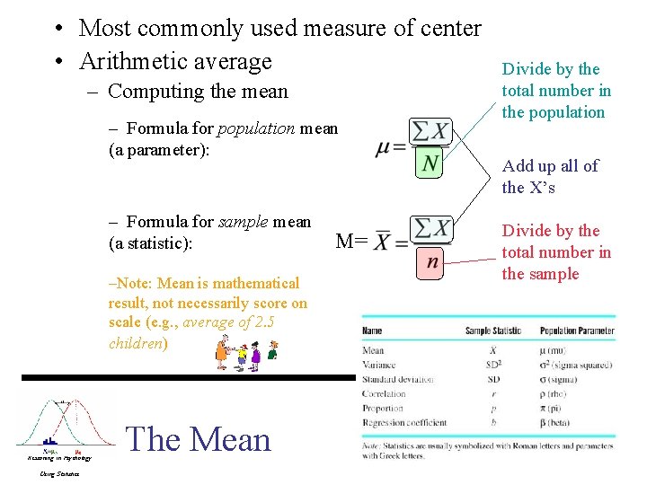  • Most commonly used measure of center • Arithmetic average – Computing the