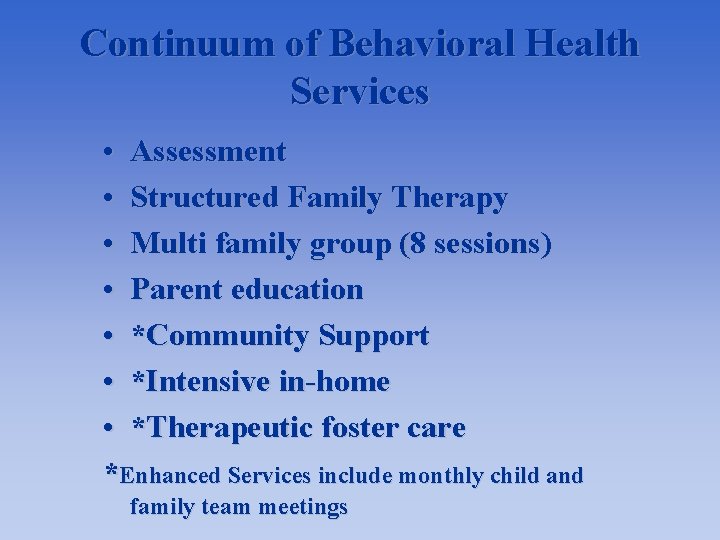 Continuum of Behavioral Health Services • Assessment • Structured Family Therapy • Multi family