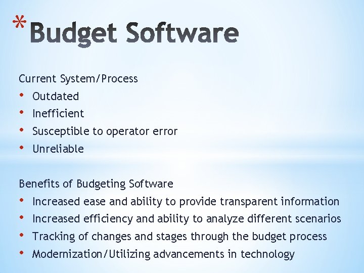 * Current System/Process • • Outdated Inefficient Susceptible to operator error Unreliable Benefits of