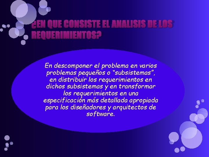 ¿EN QUE CONSISTE EL ANALISIS DE LOS REQUERIMIENTOS? En descomponer el problema en varios ¿EN QUE CONSISTE EL ANALISIS DE LOS REQUERIMIENTOS? En descomponer el problema en varios