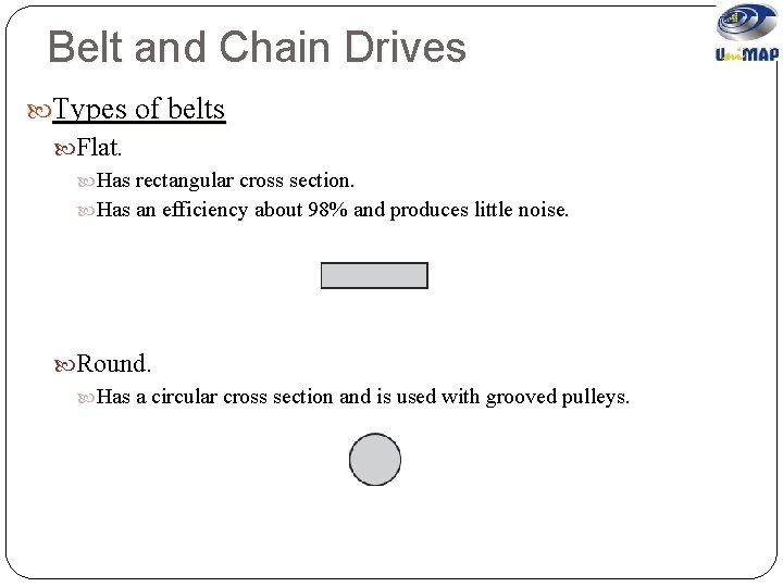 Belt and Chain Drives Types of belts Flat. Has rectangular cross section. Has an