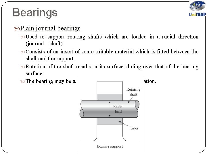 Bearings Plain journal bearings Used to support rotating shafts which are loaded in a