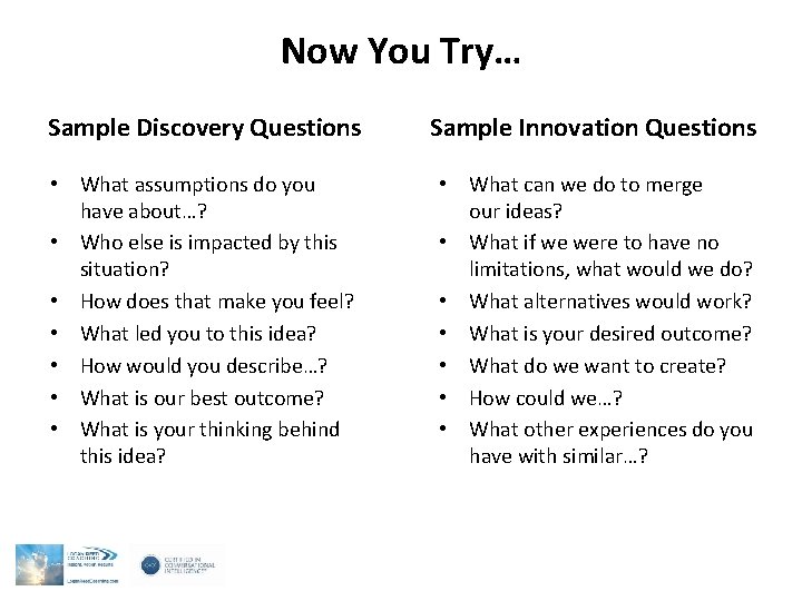 Now You Try… Sample Discovery Questions Sample Innovation Questions • What assumptions do you Now You Try… Sample Discovery Questions Sample Innovation Questions • What assumptions do you