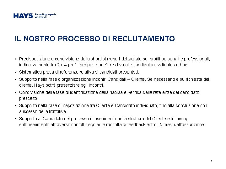 IL NOSTRO PROCESSO DI RECLUTAMENTO • Predisposizione e condivisione della shortlist (report dettagliato sui