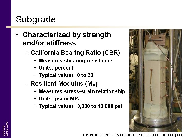 Subgrade • Characterized by strength and/or stiffness – California Bearing Ratio (CBR) • Measures