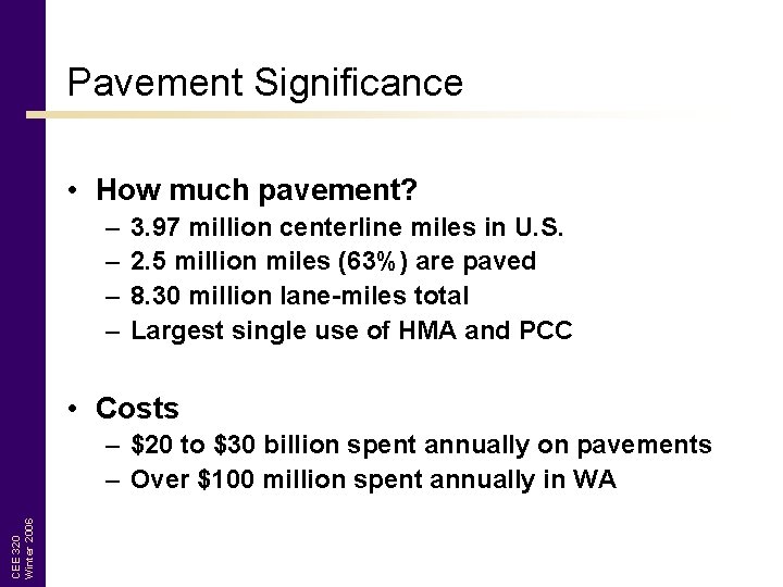 Pavement Significance • How much pavement? – – 3. 97 million centerline miles in