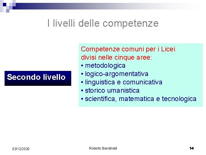 I livelli delle competenze Secondo livello 03/12/2020 Competenze comuni per i Licei divisi nelle