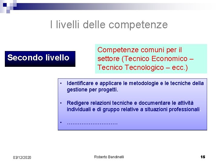 I livelli delle competenze Secondo livello Competenze comuni per il settore (Tecnico Economico –