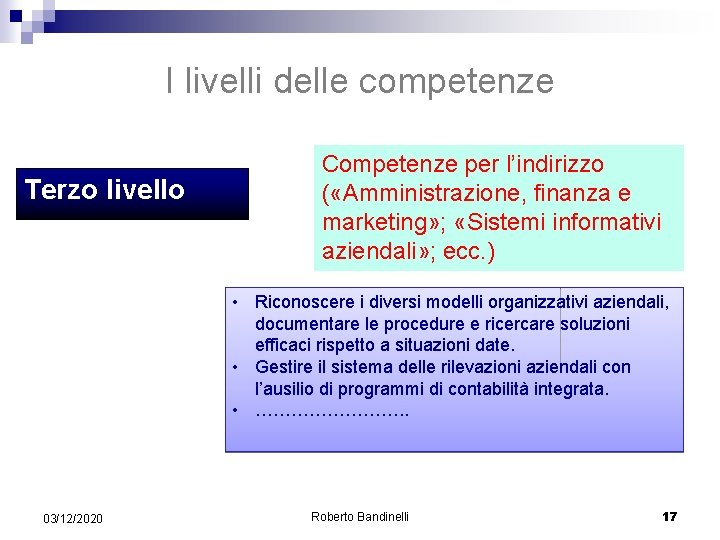 I livelli delle competenze Terzo livello Competenze per l’indirizzo ( «Amministrazione, finanza e marketing»
