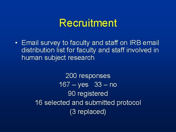 Recruitment • Email survey to faculty and staff on IRB email distribution list for