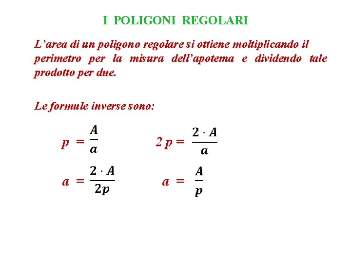 I POLIGONI REGOLARI L’area di un poligono regolare si ottiene moltiplicando il perimetro per