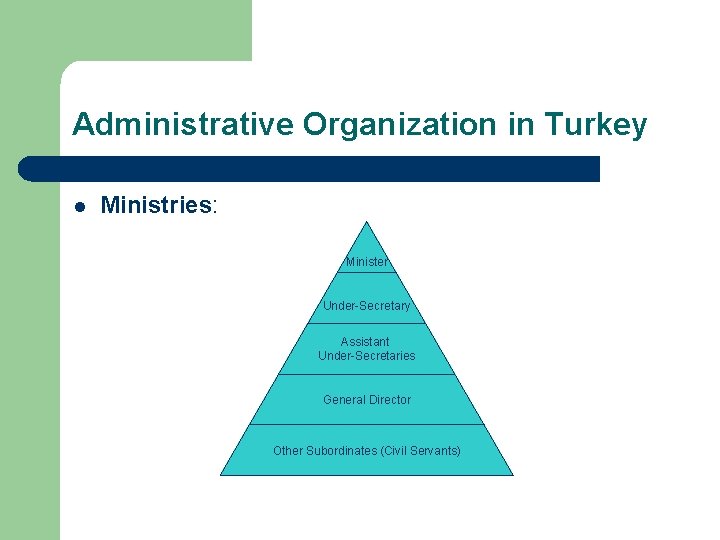 Administrative Organization in Turkey l Ministries: Minister Under-Secretary Assistant Under-Secretaries General Director Other Subordinates