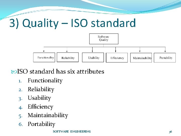 3) Quality – ISO standard has six attributes 1. Functionality 2. Reliability 3. Usability