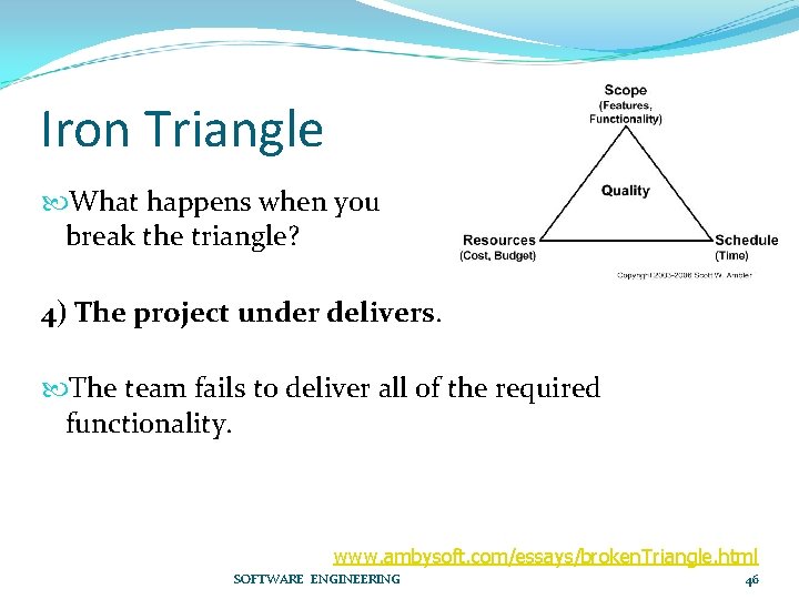 Iron Triangle What happens when you break the triangle? 4) The project under delivers.