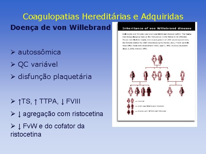 Coagulopatias Hereditárias e Adquiridas Doença de von Willebrand Ø autossômica Ø QC variável Ø