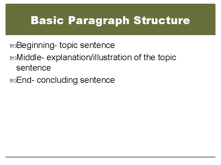 Basic Paragraph Structure Beginning- topic sentence Middle- explanation/illustration of the topic sentence End- concluding