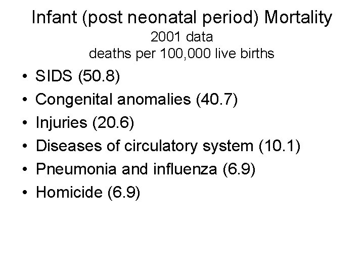 Infant (post neonatal period) Mortality 2001 data deaths per 100, 000 live births •