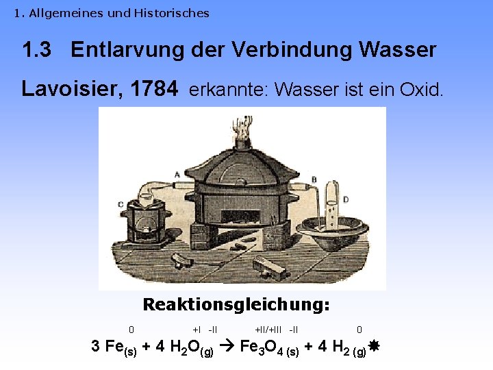1. Allgemeines und Historisches 1. 3 Entlarvung der Verbindung Wasser Lavoisier, 1784 erkannte: Wasser