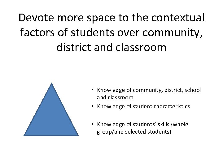 Devote more space to the contextual factors of students over community, district and classroom