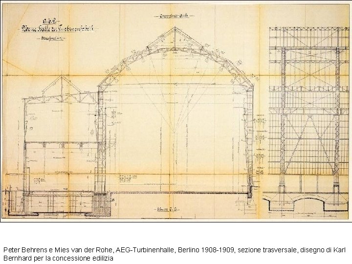 Peter Behrens e Mies van der Rohe, AEG-Turbinenhalle, Berlino 1908 -1909, sezione trasversale, disegno