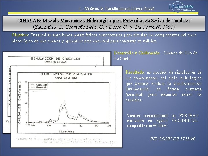 b. Modelos de Transformación Lluvia-Caudal CIHRSAB: Modelo Matemático Hidrológico para Extensión de Series de