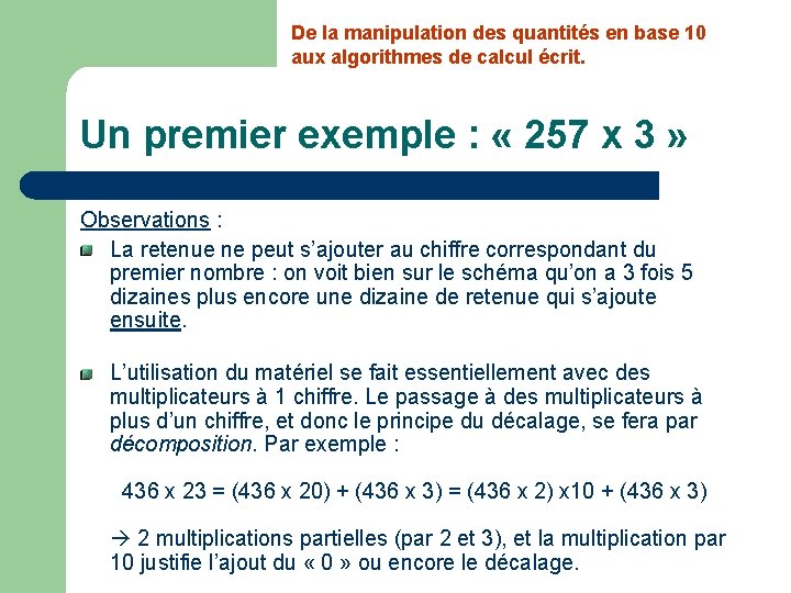 De la manipulation des quantités en base 10 aux algorithmes de calcul écrit. Un