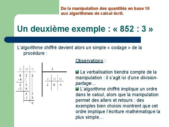 De la manipulation des quantités en base 10 aux algorithmes de calcul écrit. Un