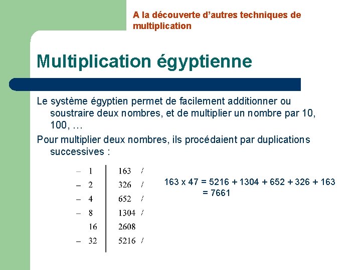 A la découverte d’autres techniques de multiplication Multiplication égyptienne Le système égyptien permet de