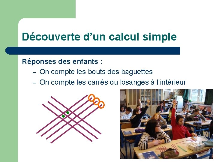 Découverte d’un calcul simple Réponses des enfants : – On compte les bouts des