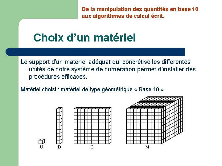 De la manipulation des quantités en base 10 aux algorithmes de calcul écrit. Choix