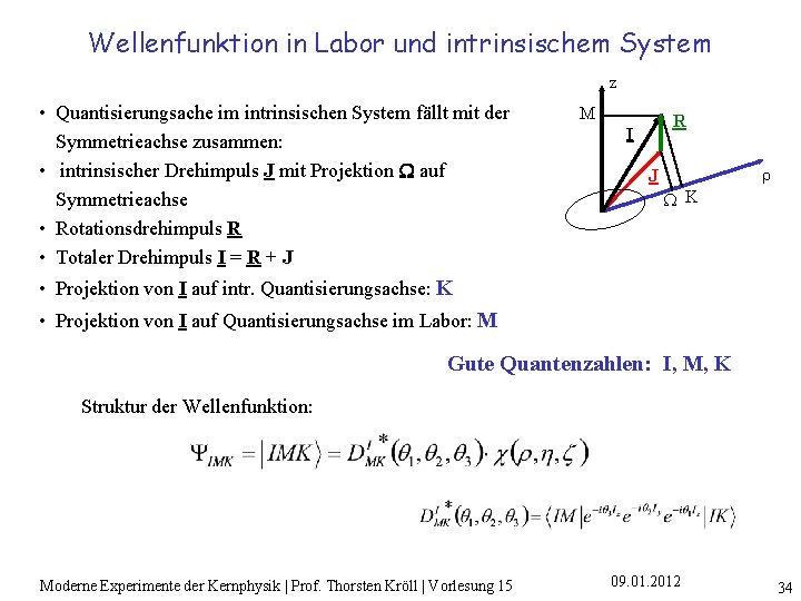 Wellenfunktion in Labor und intrinsischem System z • Quantisierungsache im intrinsischen System fällt mit