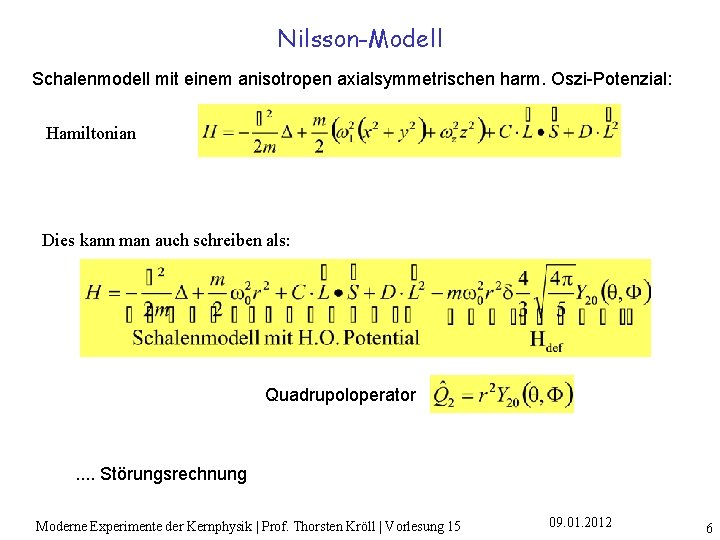 Nilsson-Modell Schalenmodell mit einem anisotropen axialsymmetrischen harm. Oszi-Potenzial: Hamiltonian Dies kann man auch schreiben