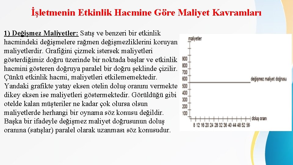 İşletmenin Etkinlik Hacmine Göre Maliyet Kavramları 1) Değişmez Maliyetler: Satış ve benzeri bir etkinlik