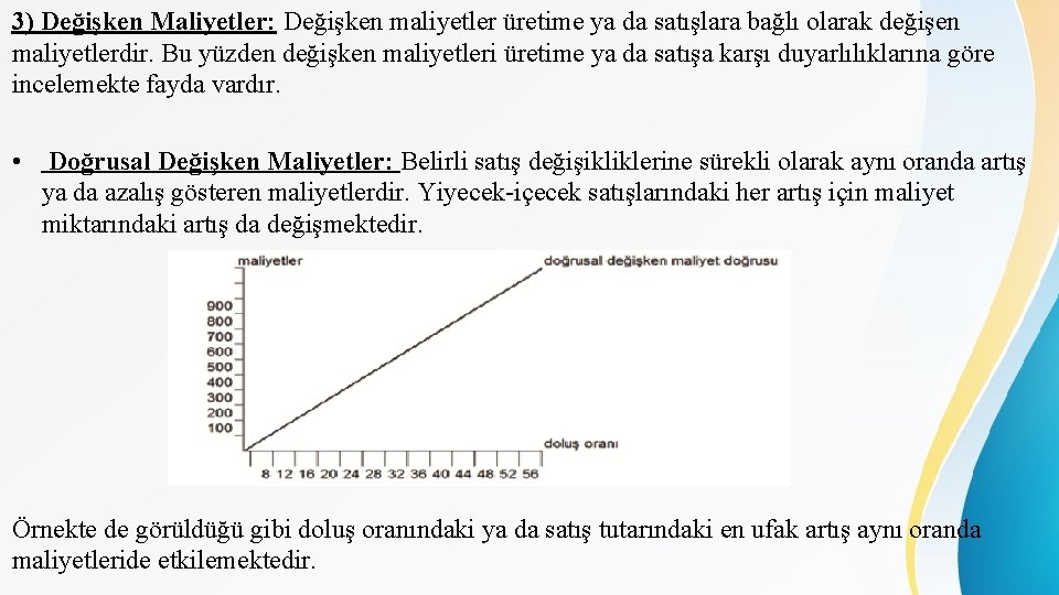 3) Değişken Maliyetler: Değişken maliyetler üretime ya da satışlara bağlı olarak değişen maliyetlerdir. Bu