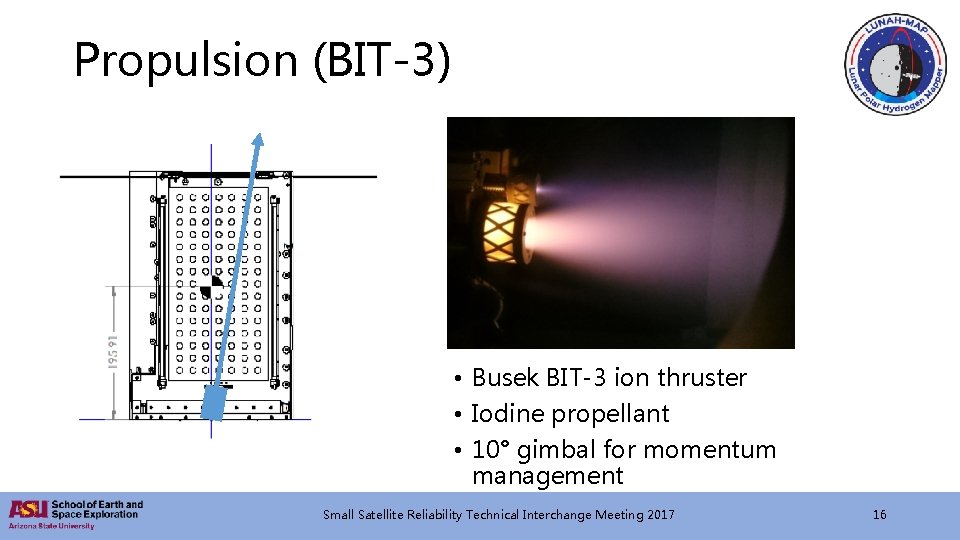 Propulsion (BIT-3) • Busek BIT-3 ion thruster • Iodine propellant • 10° gimbal for