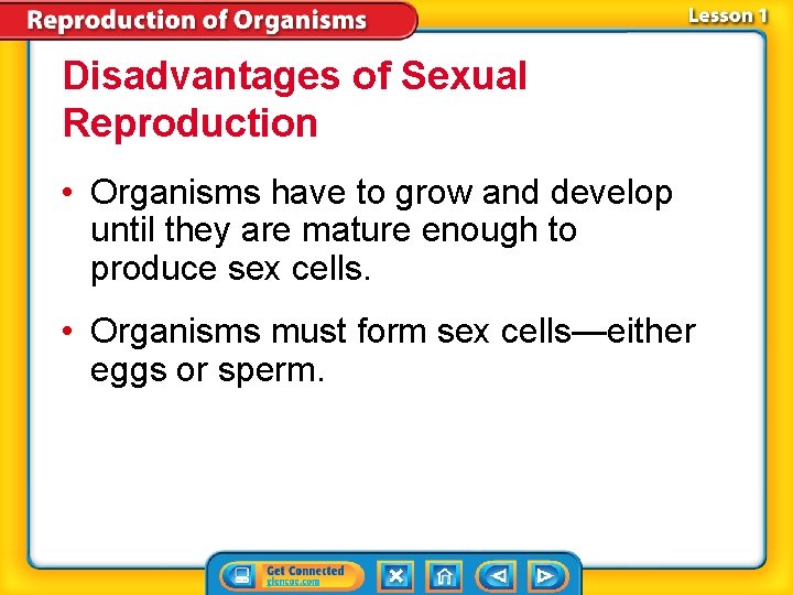 Disadvantages of Sexual Reproduction • Organisms have to grow and develop until they are