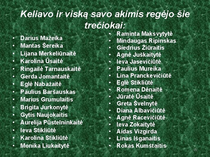 Keliavo ir viską savo akimis regėjo šie trečiokai: • • • • Darius Mažeika