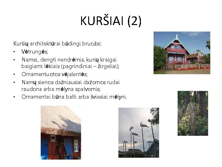 KURŠIAI (2) Kuršių architektūrai būdingi bruožai: • Vėtrungės; • Namai, dengti nendrėmis, kurių kraigai