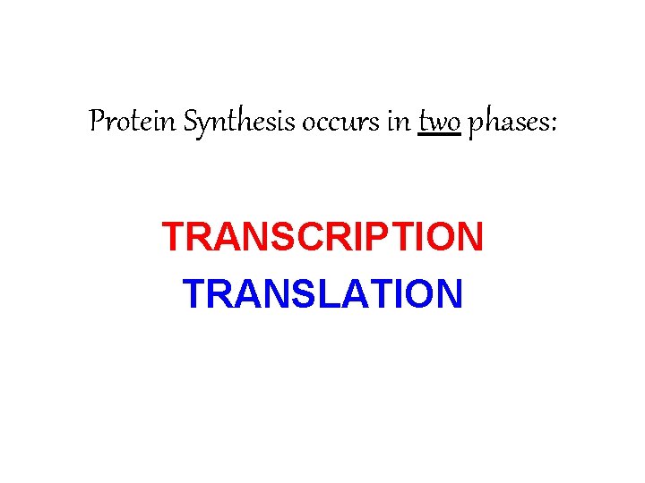 Protein Synthesis occurs in two phases: TRANSCRIPTION TRANSLATION 