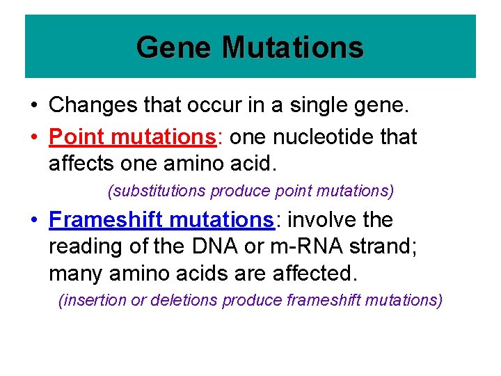 Gene Mutations • Changes that occur in a single gene. • Point mutations: one