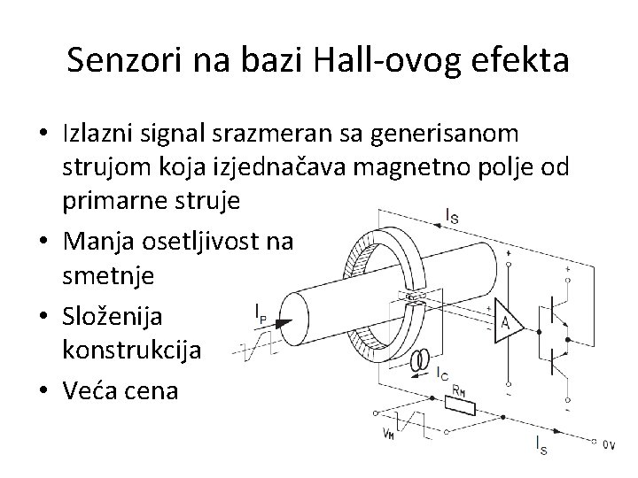 Senzori na bazi Hall-ovog efekta • Izlazni signal srazmeran sa generisanom strujom koja izjednačava